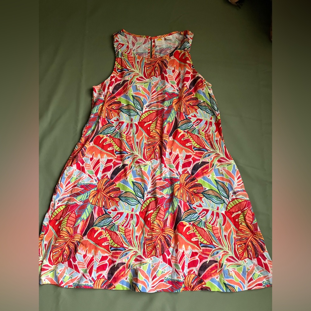 C&C California 100% Linen Tropical Leaf Print Sleeveless Midi Dress Size Medium